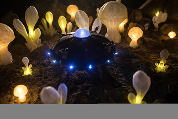 Abstract Miniature of Another Planet with Giant Glowing Mushrooms. A Nighttime Scene on an Alien World, Illuminated by the Soft Glow of Otherworldly Fungi.