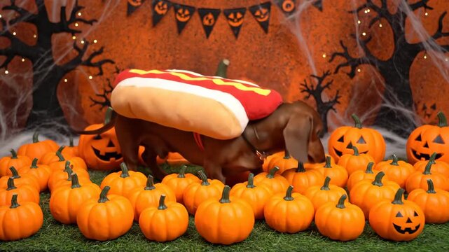 Dachshund in Hot Dog Costume Navigates Pumpkin Patch - A long-haired dachshund, dressed in a hot dog costume, playfully makes its way through a miniature pumpkin patch.