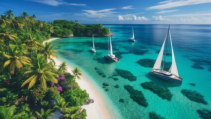 Obraz premium Caribbean island paradise: sailing yachts in turquoise waters, a tropical beach vacation destination spot on transparent background