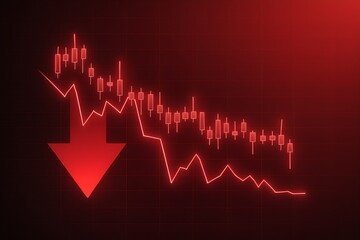 Abstract Neon Red Candlestick Chart with Downward Arrow Depicting Financial Market Decline on Dark Gradient Background