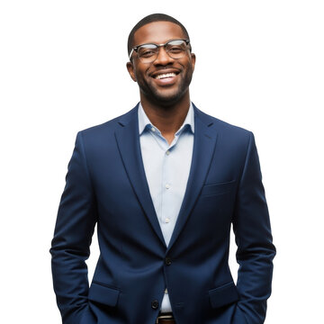 Smiling african american businessman wearing a navy blue suit and glasses confidently looking forward isolated on transparent background