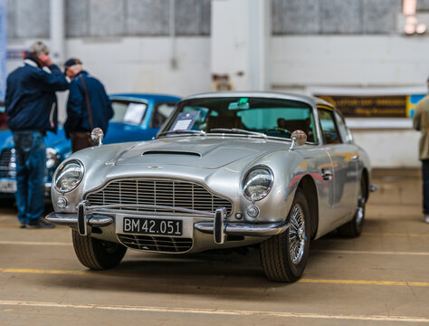 Gothenburg, Sweden - May 24 2025: Silver Aston Martin DB5 at vintage car show.