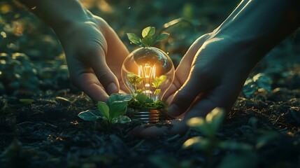 Hands planting a glowing lightbulb in the earth