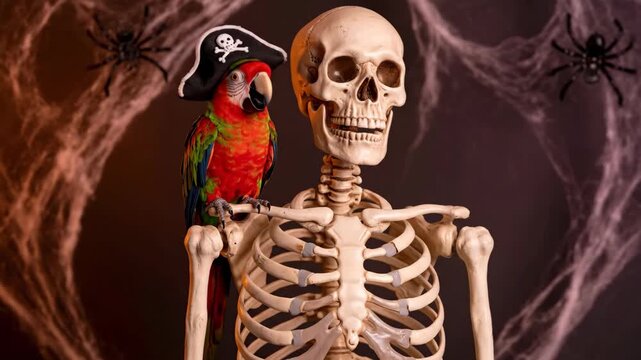 Pirate Parrot and Skeleton Halloween - A colorful parrot wearing a pirate hat perches on the shoulder of a full-sized skeleton prop against a spooky Halloween backdrop of cobwebs and spiders.