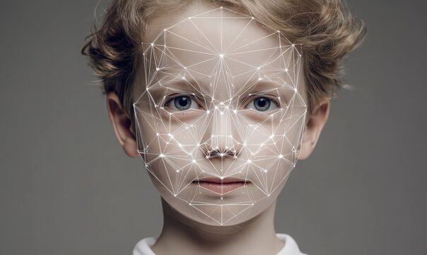 Face Recognition Technology: An inquisitive young individual is superimposed with a digital overlay of facial recognition technology. 