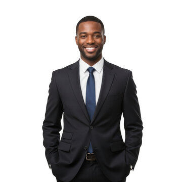 Smiling african american businessman in a sharp black suit and blue tie standing confidently with hands in pockets isolated on transparent background