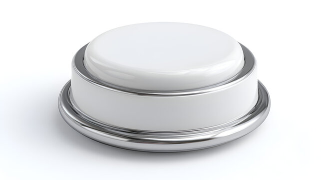 Close-up View of a Round White Button with a Chrome Trim on a White Background. The button is sleek, modern, and appears to be made of high-quality