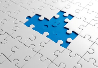 A single bright blue puzzle piece is missing from a white jigsaw puzzle creating a void and highlighting the empty space
