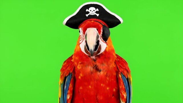 Pirate Parrot on Green Screen - A vibrant red and yellow macaw parrot wears a black pirate hat and eyepatch against a bright green screen background.