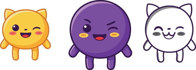 Cute cartoon style orange purple and white cat characters with happy and playful expressions vector illustration 