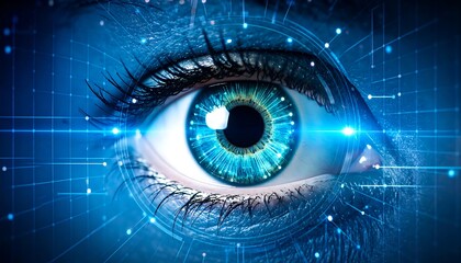 Futuristic Blue Eye with Digital Overlay and Glowing Details