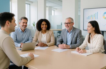 Obraz premium Group of diverse professionals smiling and talking around a table during a business meeting in a bright modern office