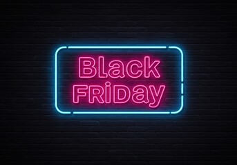 Bright neon sign for Black Friday on a dark brick wall, a perfect sales advertisement.
