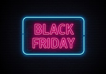 Black Friday illuminated with a neon sign, promoting sales and discounts on a dark brick wall.
