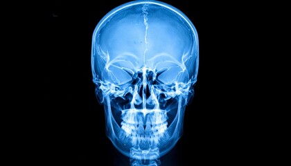 High-resolution medical x-ray image of the human skull showing detailed bone structure, cranium, jaw, and teeth anatomy in black and white for diagnostic, forensic, and educational purposes