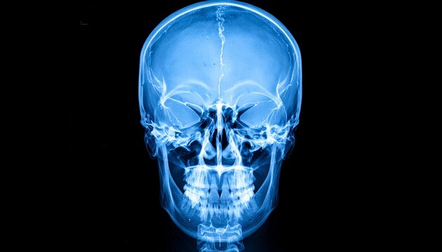 High-resolution medical x-ray image of the human skull showing detailed bone structure, cranium, jaw, and teeth anatomy in black and white for diagnostic, forensic, and educational purposes