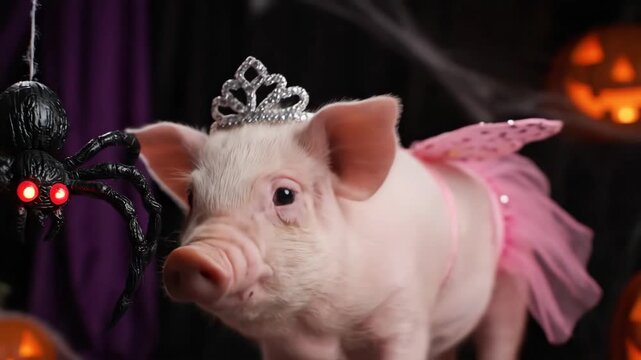 Piglet in Fairy Costume Looks at Spooky Spider - A cute piglet, wearing a pink fairy costume and a tiara, looks at a large, illuminated black spider with a curious and slightly apprehensive
