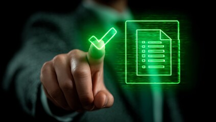 Digital verification and approval of a document with a glowing checkmark