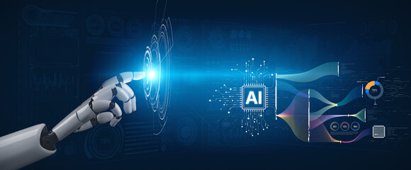 AI brain processes big data with generative AI, LLMs, and machine learning to support business...