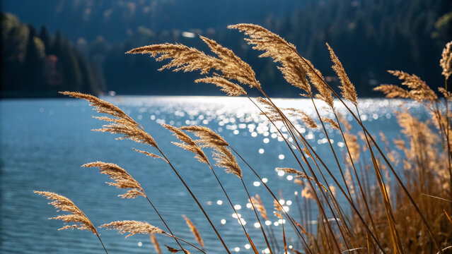 Golden reeds sway gently by a sparkling blue lake in the sunlight