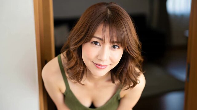ドアの隙間からこちらを覗き込み、静かに微笑む人妻