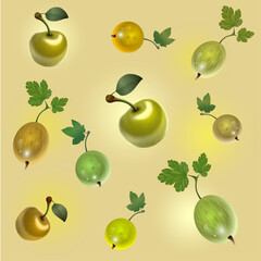 Seamless pattern of tiles with different berries: glossy gooseberries, currants and cherries
on a yellow background
