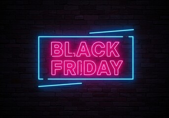 Obraz premium Glowing neon sign announces Black Friday sales against a brick wall background.