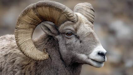 Majestic Mountain Ram: A close-up of a powerful ram with impressive curved horns, showcasing the rugged beauty of nature in its element.