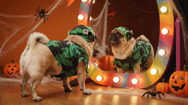 Halloween Pug in Frankenstein Costume Looks in Funhouse Mirror - A cute pug dog, dressed in a Frankenstein costume, looks curiously at its reflection in a colorful, illuminated funhouse mirror.