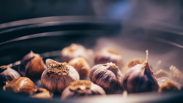 Medium shot capturing the incubation process with peeled black garlic cloves in focus inside the container surrounded by softly blurred humidifier mist enhancing rich