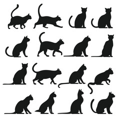 Collection of black cat silhouettes in various poses on white background