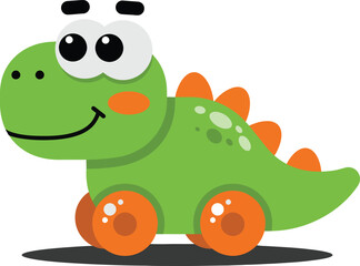 Cute green dinosaur toy with orange wheels and smiling face vector illustration for children and playtime design 