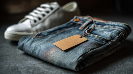 A pair of jeans and a white shoe are displayed on a table