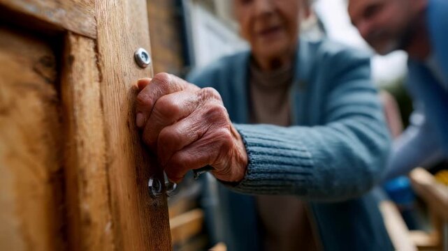 Medium shot of volunteer adjusting doorway ramp edges main focus on hands securing ramp screws with outoffocus elderly homeowner and supportive team offering guidance in