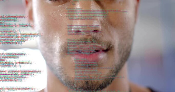 Male developer focusing on code stream, glitching JavaScript overlay across face for debugging HTML