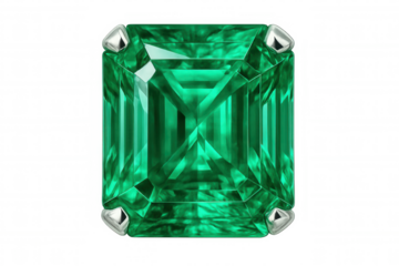 Large, sparkling emerald gemstone with a silver setting, isolated on a transparent background, perfect for jewelry design or luxury projects