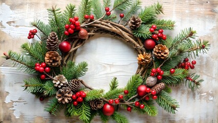 Photo of a rustic christmas wreath made of natural pine branches, red berries, pinecones, and twigs, hanging on a weathered wooden background, perfect for holiday decoration