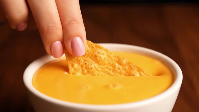 A Person Dipping a Crispy Tortilla Chip into a Bowl of Hot and Creamy Nacho Cheese Sauce