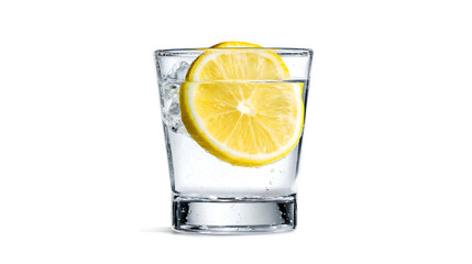 Closeup of a Glass of Sparkling Water with a Lemon Slice on a White Background a Refreshing Summer Drink Photography Studio Shot
