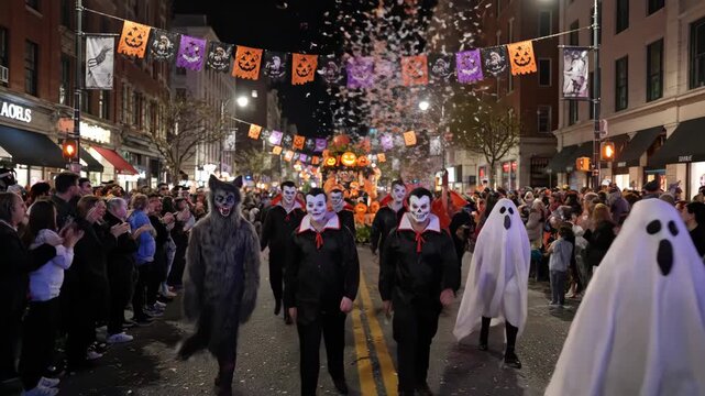 Halloween Night Parade - A vibrant Halloween parade fills a city street at night. Costumed participants, including figures in Dracula and ghost costumes, march down the street lined with spectators