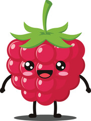 Cute raspberry character with happy face and green leaf vector illustration in cartoon style 