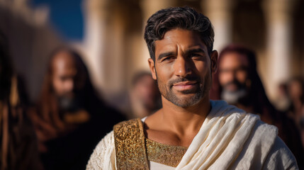 King Solomon, with neat black hair and sharp features, stands on his palace balcony in a gold-embroidered white tunic, overseeing the temple courtyard glowing in morning light.biblical story․.