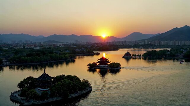 Panoramic sunset view of West Lake in Hangzhou Sunset view of Kunming Lake in the Summer Palace