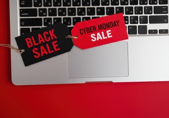 Black sale and Cyber Monday sales tags on a laptop keyboard over a red background.