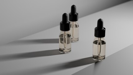 Three clear dropper bottles casting shadows on white surface. 3D Render.