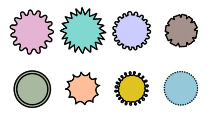 Abstract Colorful Shapes: Vector Starbursts, Badges, and Circular Graphic Elements on White Background for Design, Decoration, and Illustration sticky note memo pad ideas hand drawn
