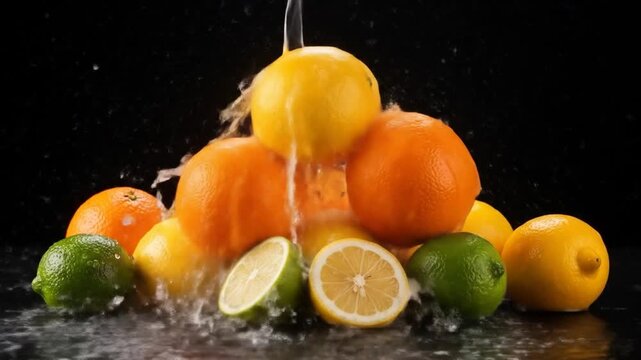 Pile of Fresh Citrus Fruits Including Lemons Limes and Oranges Being Washed Under a Stream of Water on a Dark Background in Studio Lighting