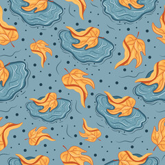 seamless pattern with autumn bent linden tree leaf lying in a blue puddle of water on a blue background, for autumn printing, packaging or other designs