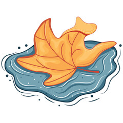 icon of a leaf lying in a puddle with splashes around it, for autumn printing, packaging or other designs