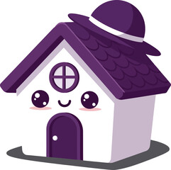 Cute purple house with smiling face vector illustration in charming cartoon style 